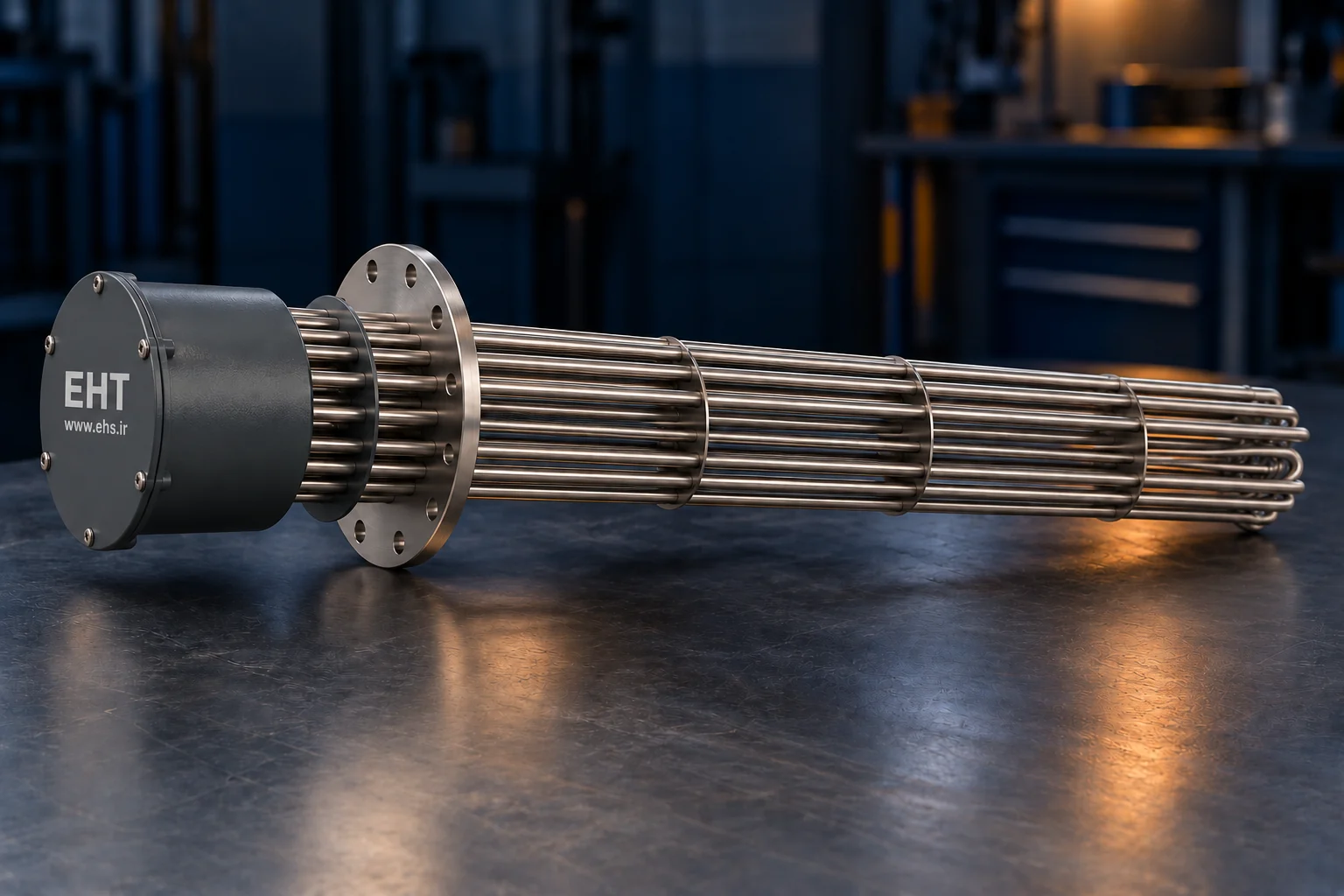 Illustrative stainless steel flanged immersion heater with tubular elements and terminal enclosure